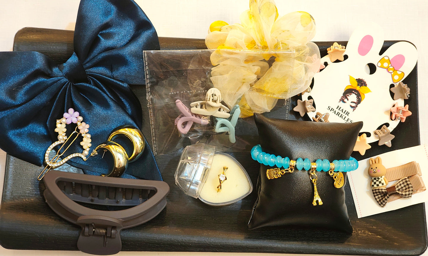 Turquoise Charm Bracelet, Gold Hoops Earings & Hair Accessories Combo Set (10 items)