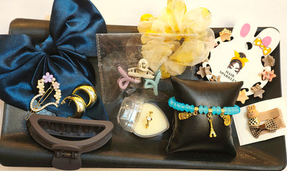 Turquoise Charm Bracelet, Gold Hoops Earings & Hair Accessories Combo Set (10 items)