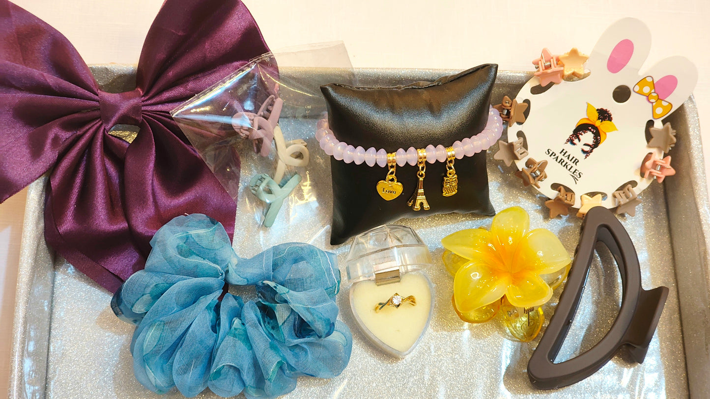 Rose Quartz Charm Bracelet & Hair Accessories Combo Set (8 Items)