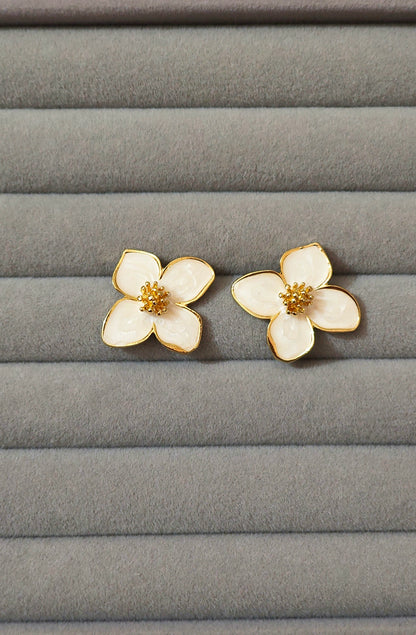 Korean White Floral Enamel Statement Studs