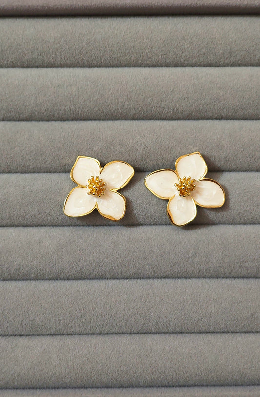 Korean White Floral Enamel Statement Studs