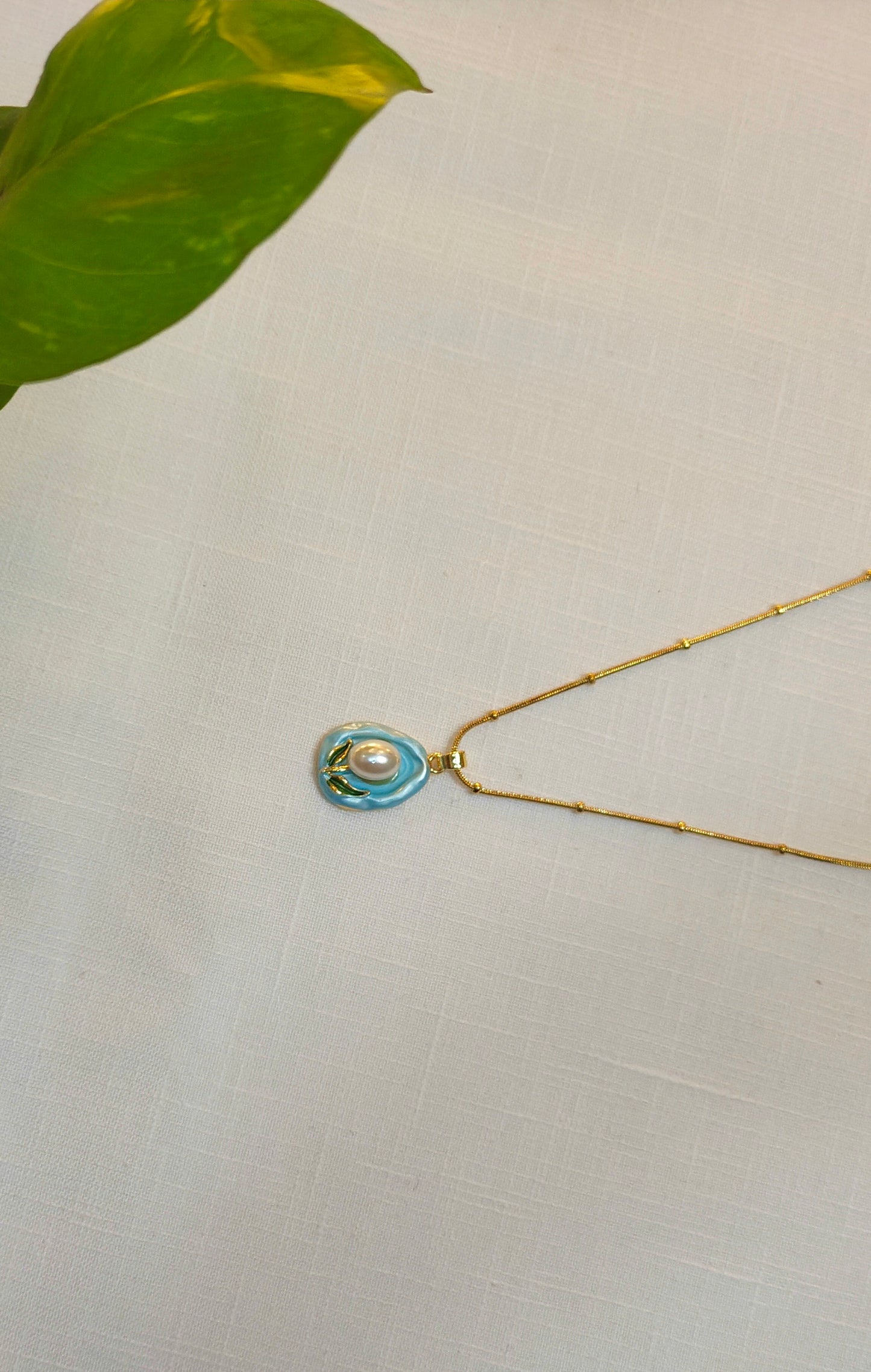 Anti-Tarnish Gold Plated Blue Enamel Pearl Pendant Necklace
