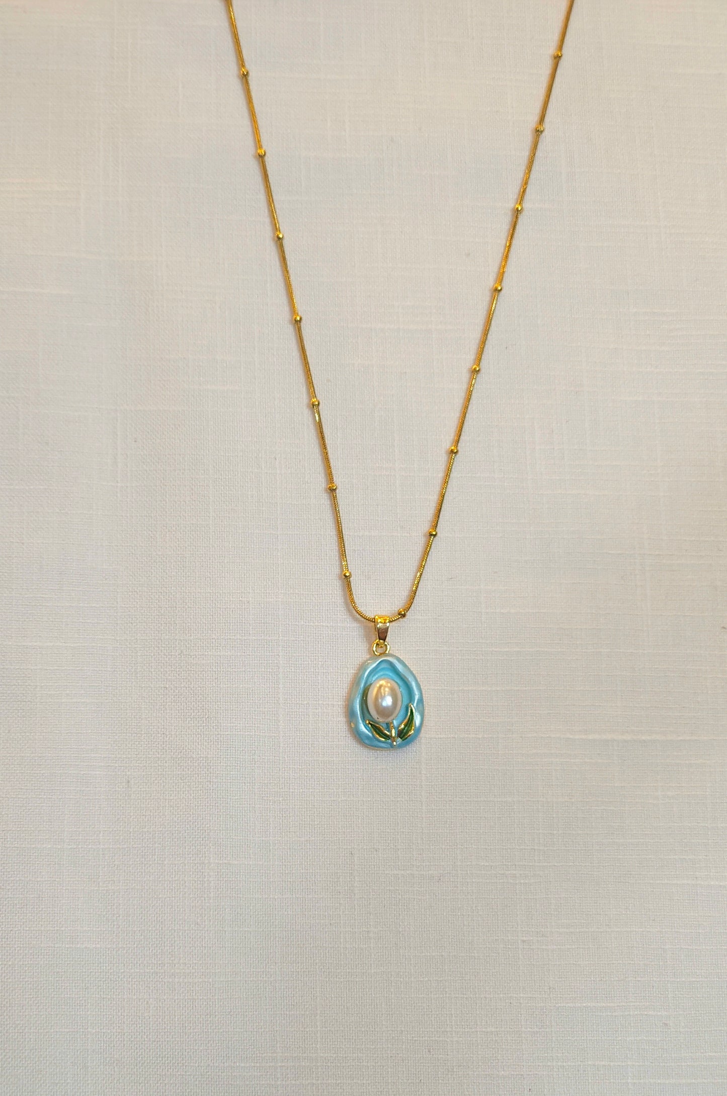 Anti-Tarnish Gold Plated Blue Enamel Pearl Pendant Necklace