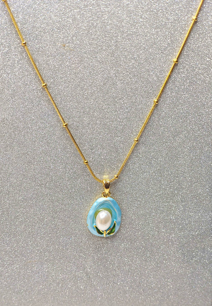 Anti-Tarnish Gold Plated Blue Enamel Pearl Pendant Necklace