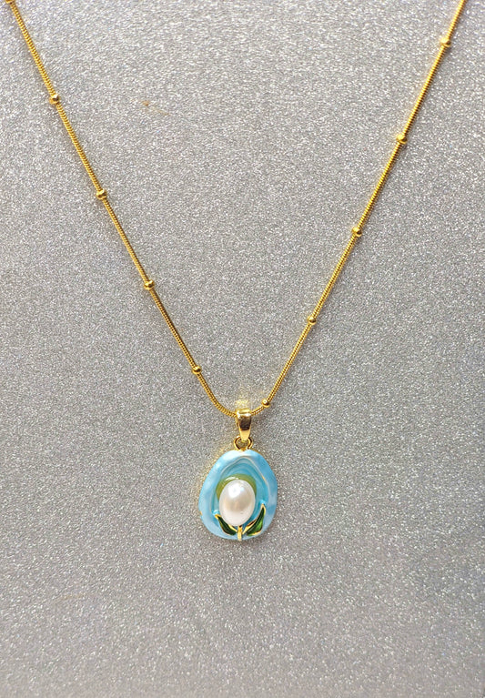 Anti-Tarnish Gold Plated Blue Enamel Pearl Pendant Necklace