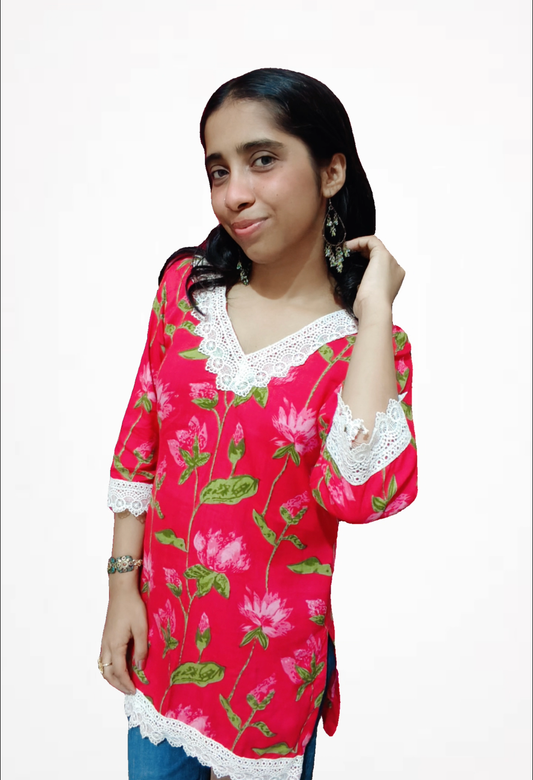Likely Cotton Lotus Floral Straight Kurti