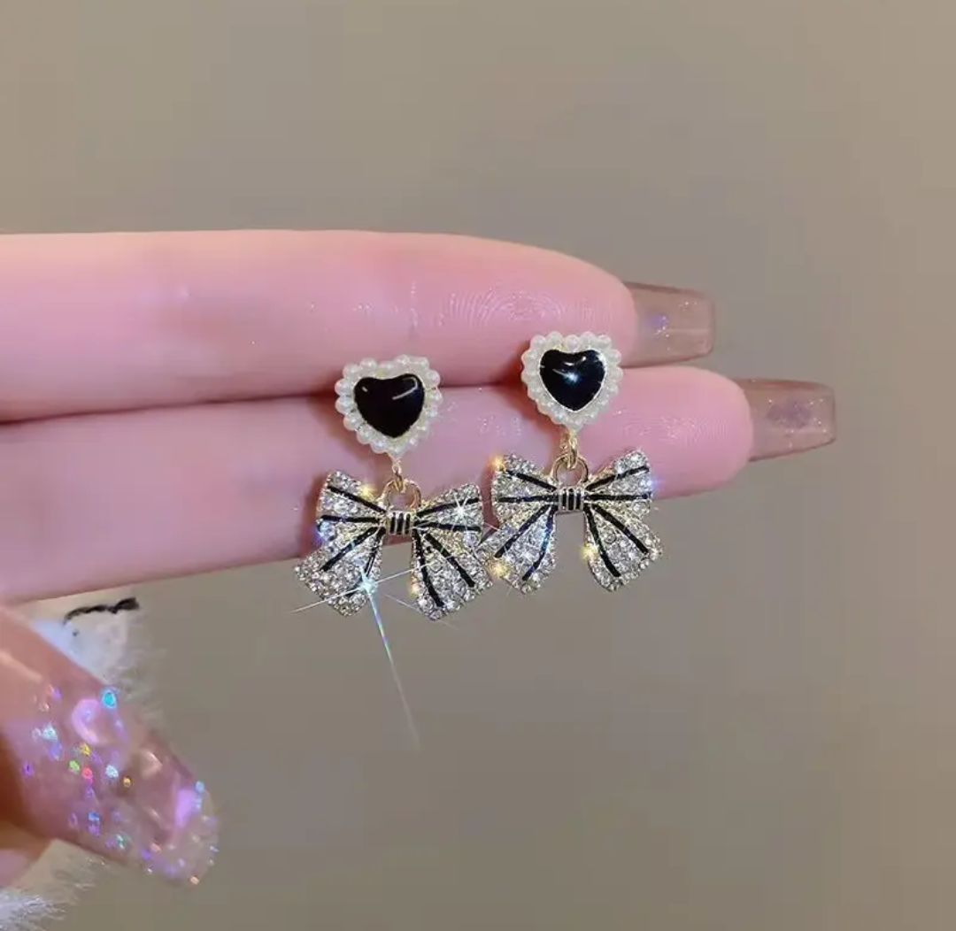 Gold Plated Korean Pearl Heart Bow Drop Earrings