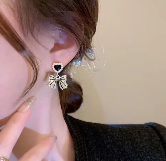 Gold Plated Korean Pearl Heart Bow Drop Earrings