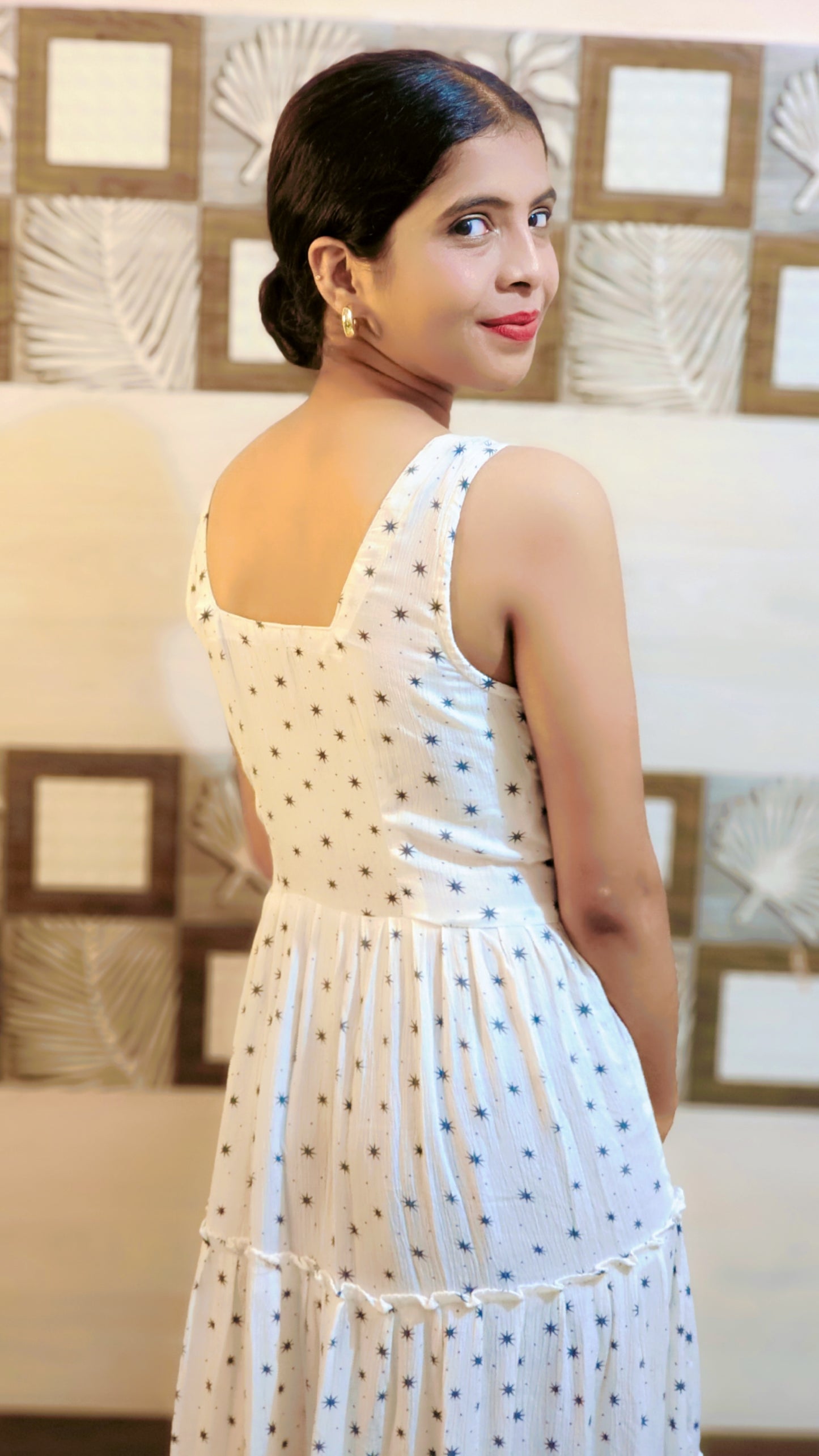 White Tiered Cotton Dress with Star Print