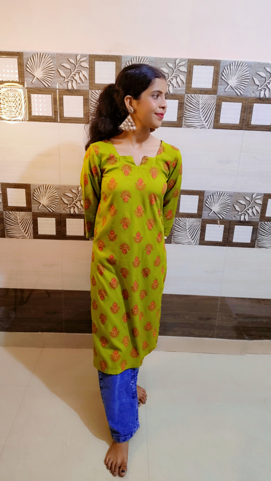 Olive Green Cotton Straight Kurti with Hand-Block Floral Print