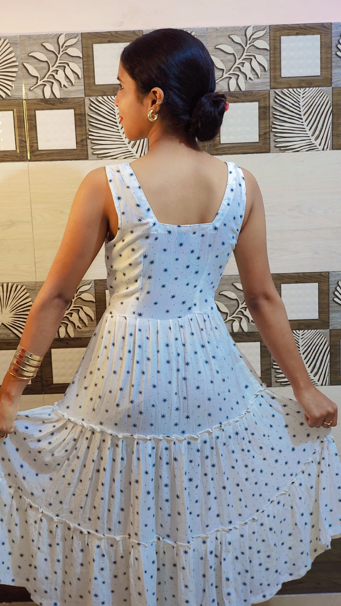 White Tiered Cotton Dress with Star Print