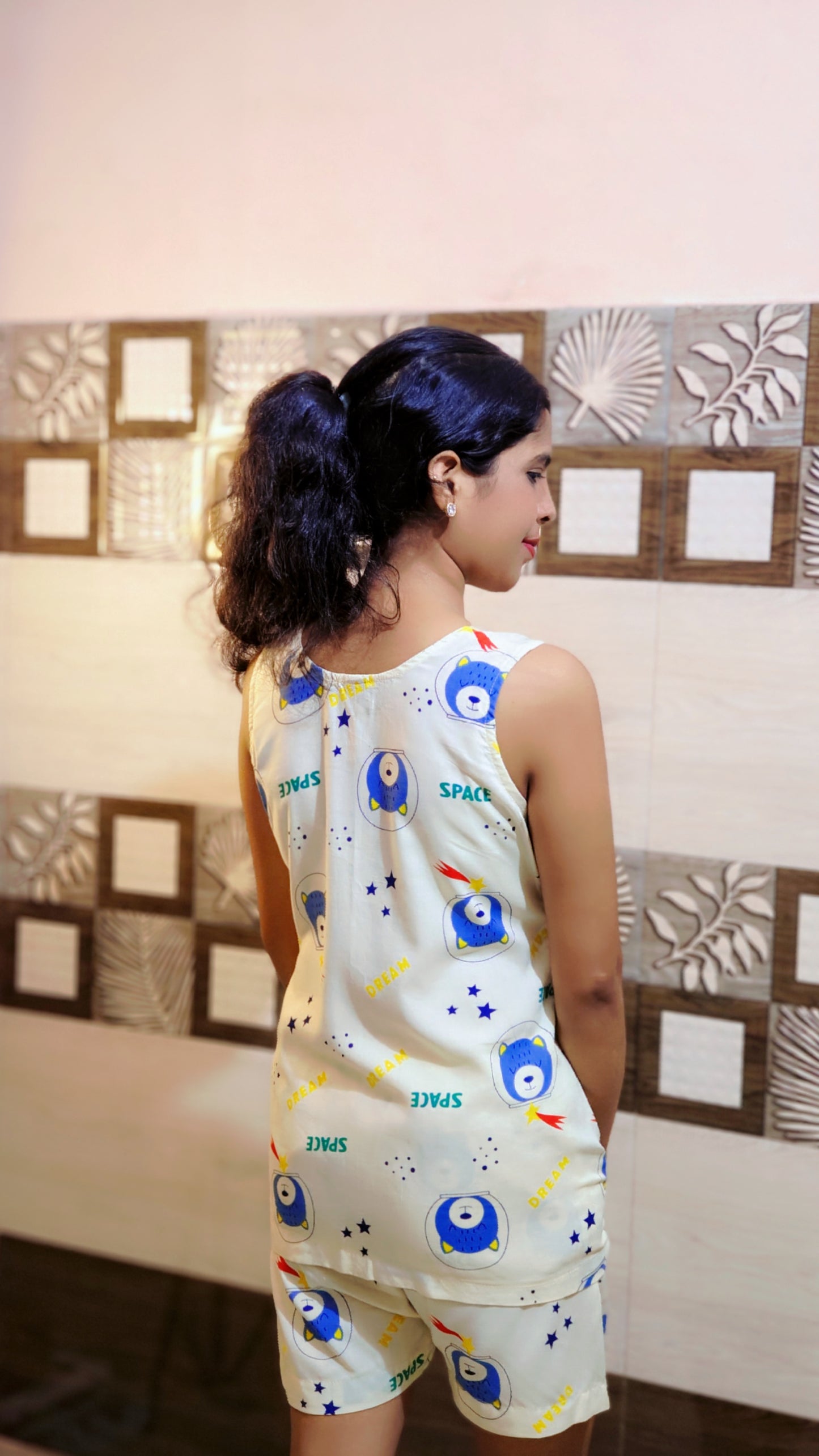 Cute Space Bear Print Cotton Pajama Set for Women – Sleeveless Top & Shorts