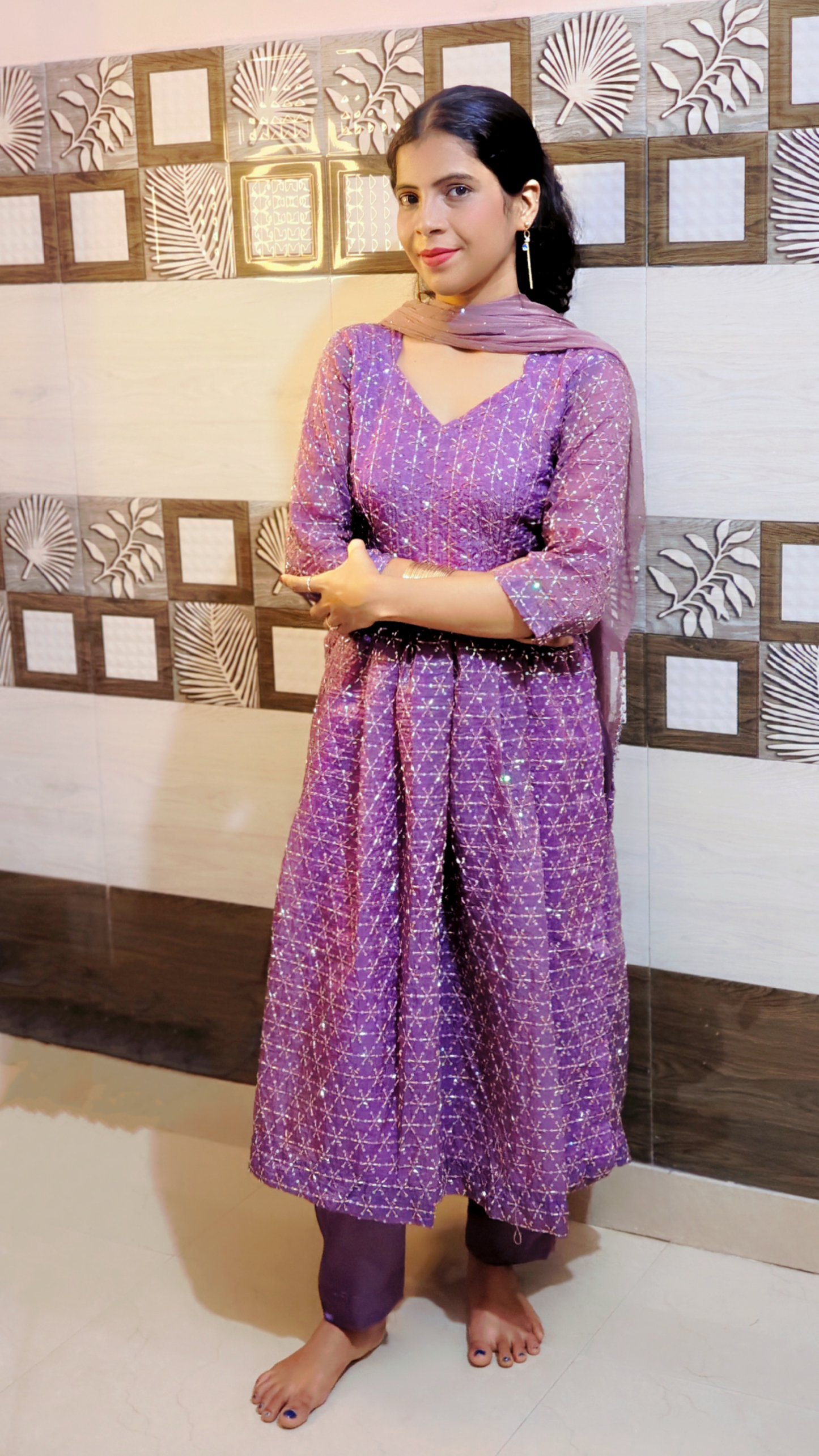 Purple Sequin Embroidered Naira Cut Suit Set