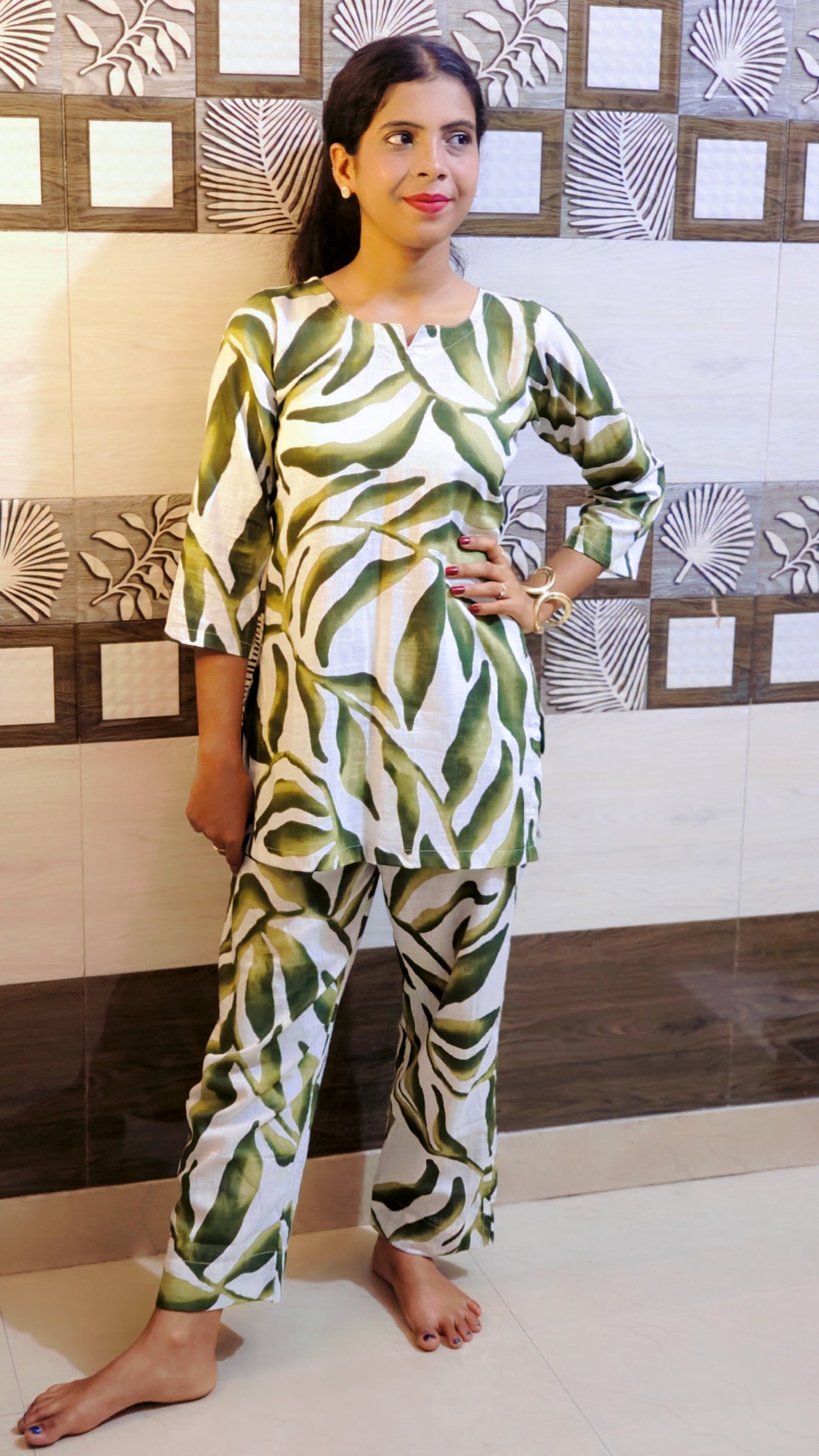 Leaf Print Cotton Co-ord Set – White & Green