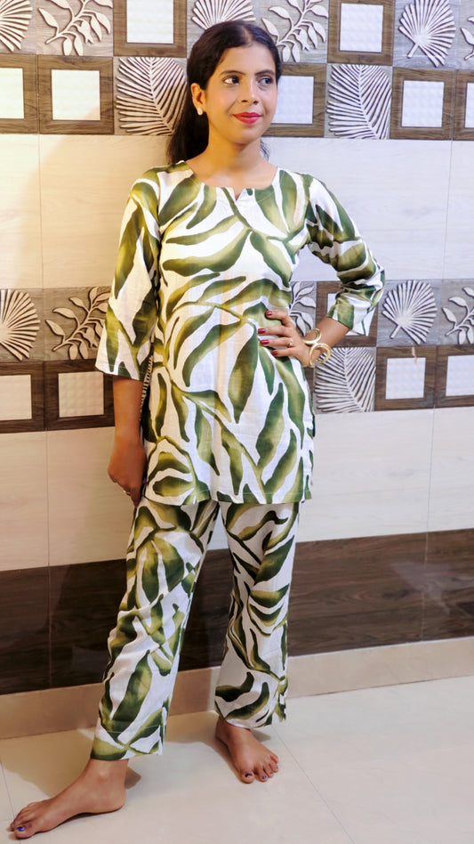 Leaf Print Cotton Co-ord Set – White & Green