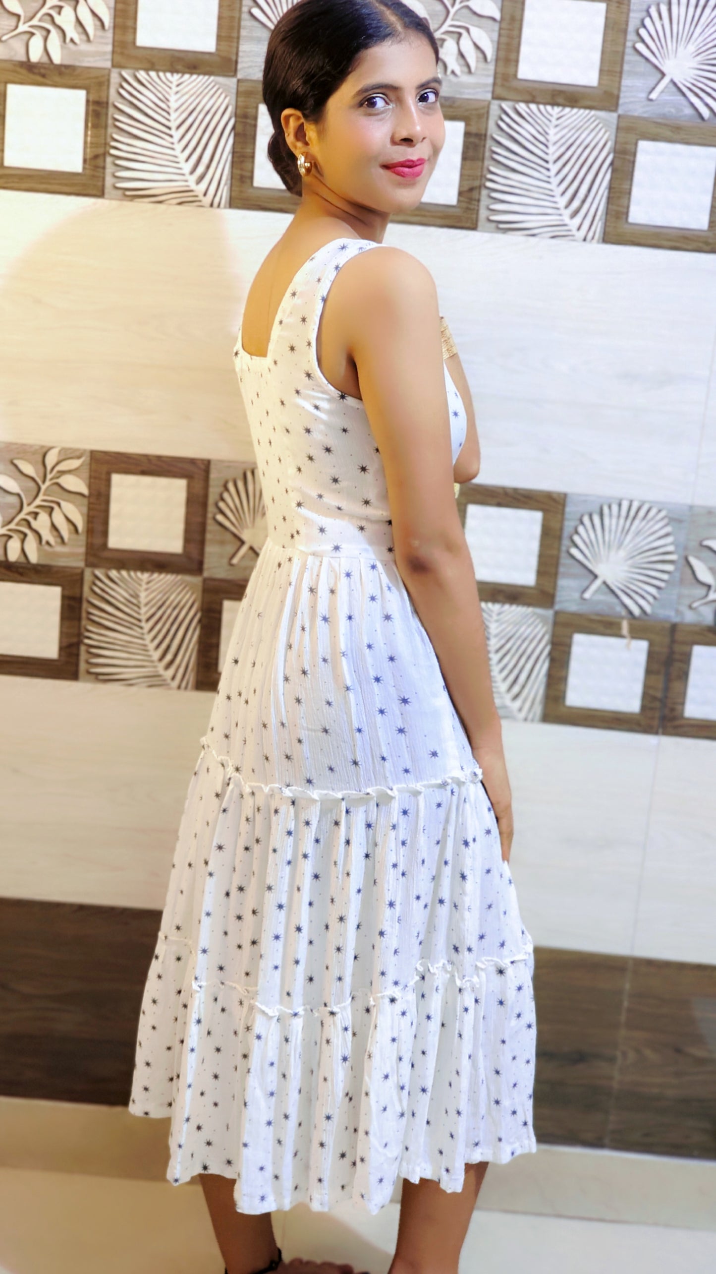 White Tiered Cotton Dress with Star Print