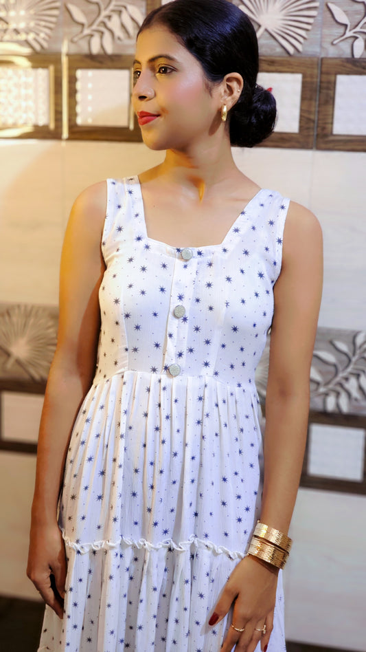 White Tiered Cotton Dress with Star Print