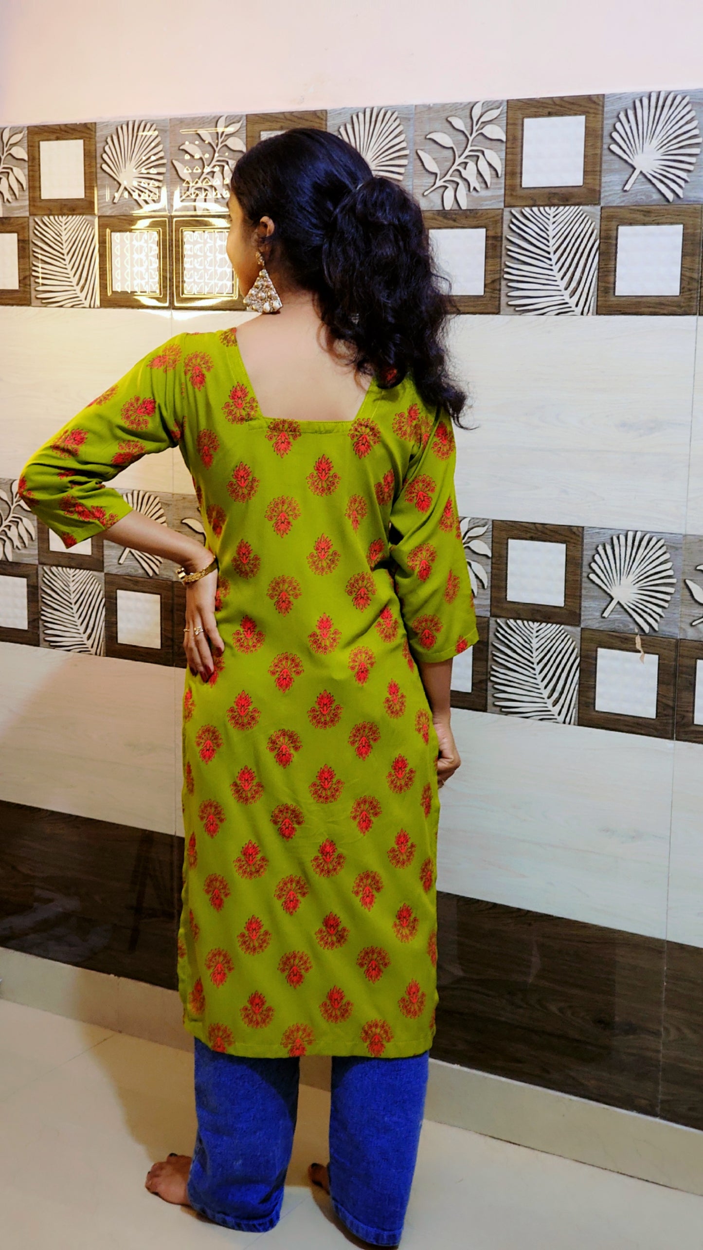 Olive Green Cotton Straight Kurti with Hand-Block Floral Print