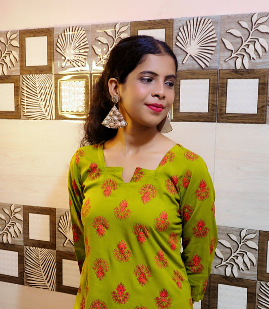 Olive Green Cotton Straight Kurti with Hand-Block Floral Print