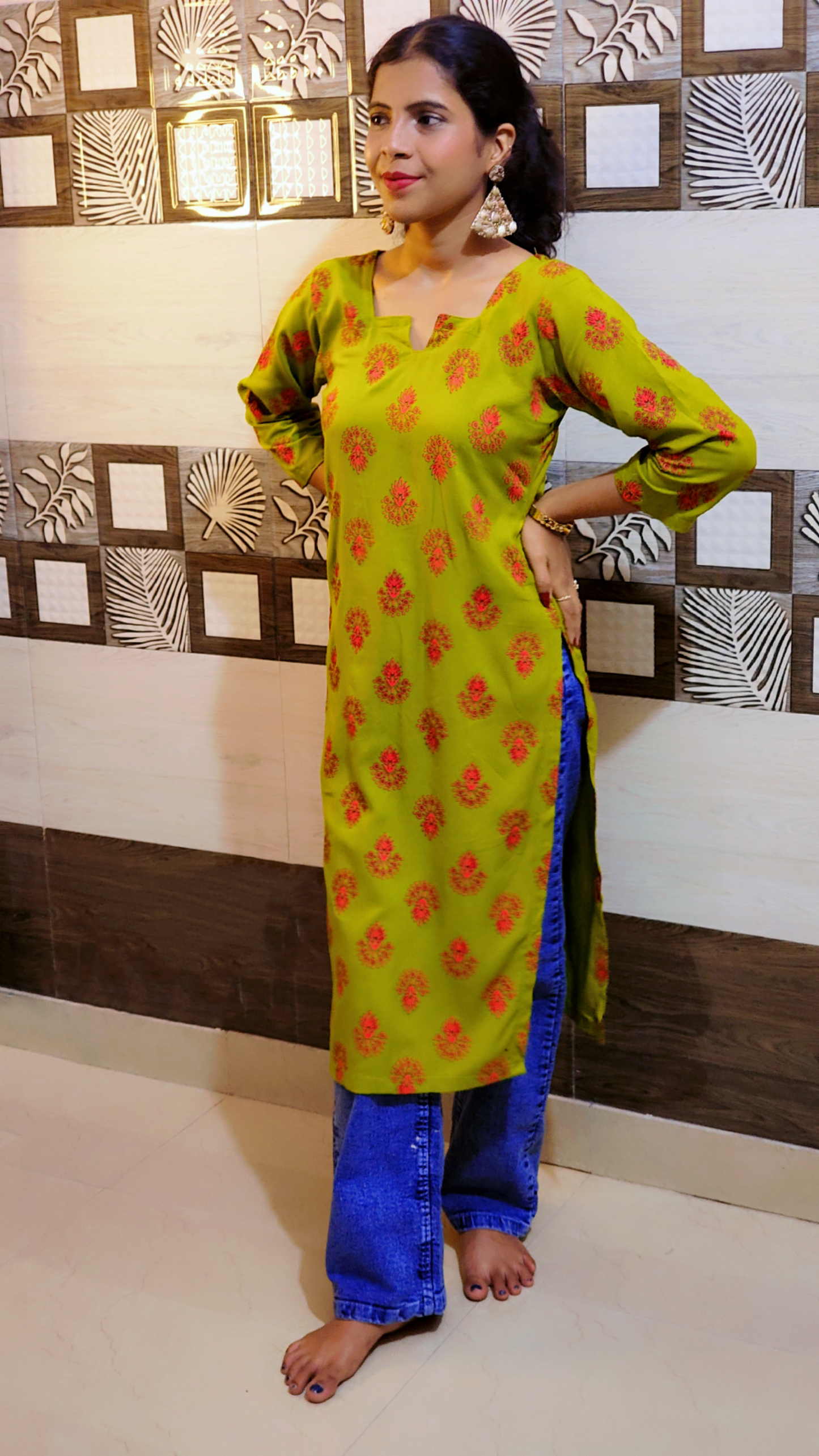 Olive Green Cotton Straight Kurti with Hand-Block Floral Print