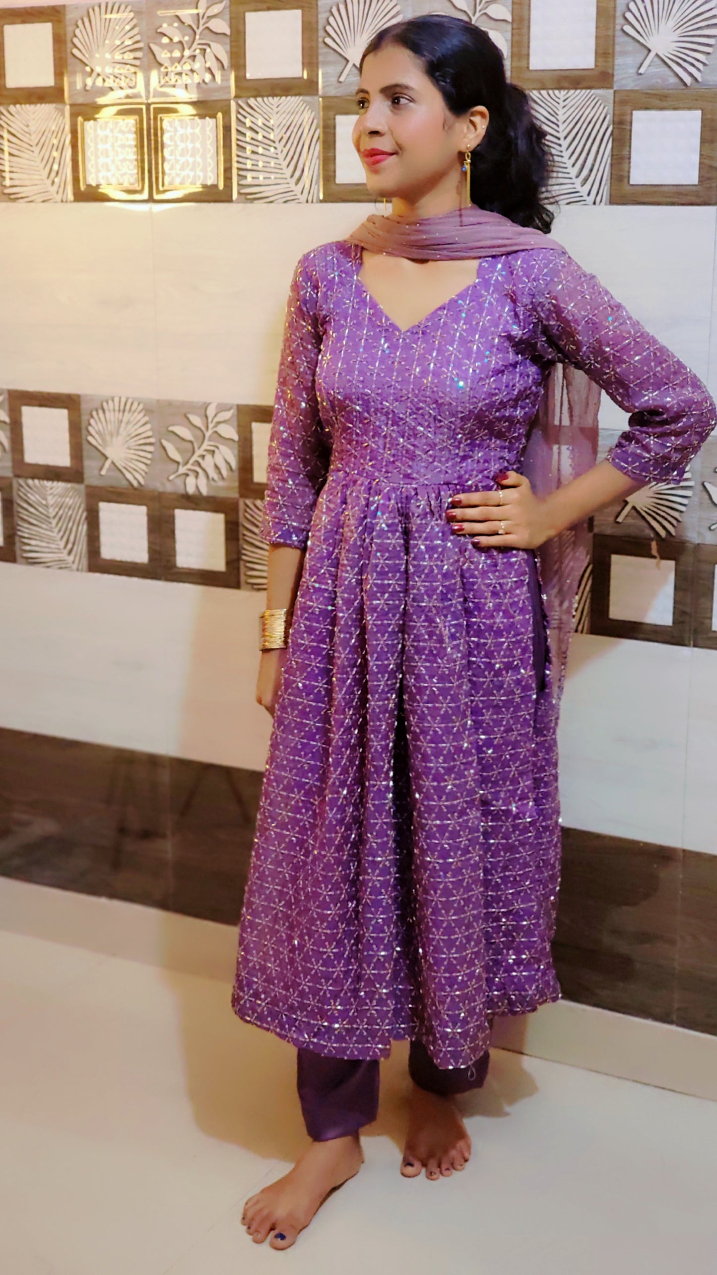 Purple Sequin Embroidered Naira Cut Suit Set