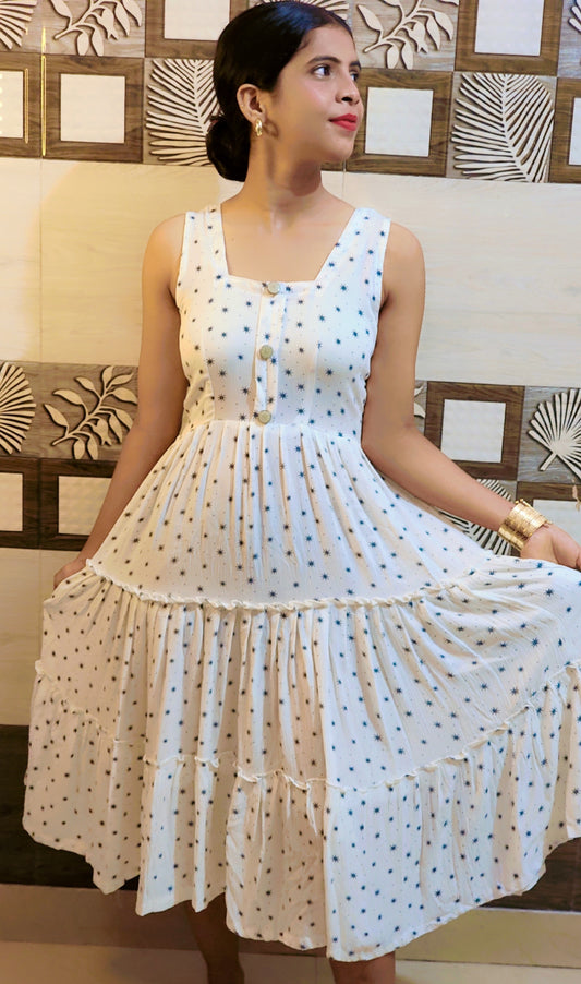 White Tiered Cotton Dress with Star Print