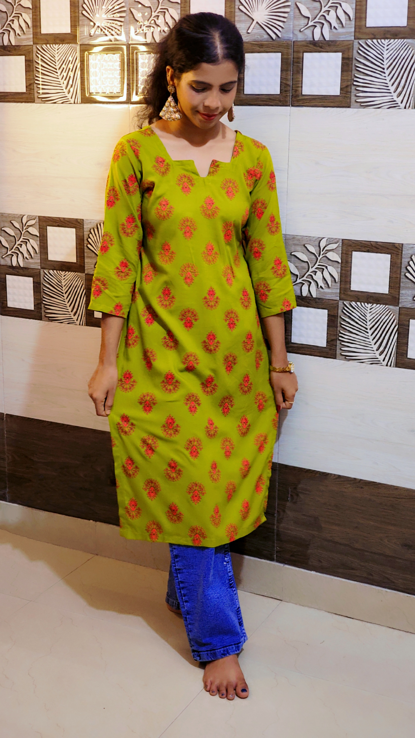 Olive Green Cotton Straight Kurti with Hand-Block Floral Print