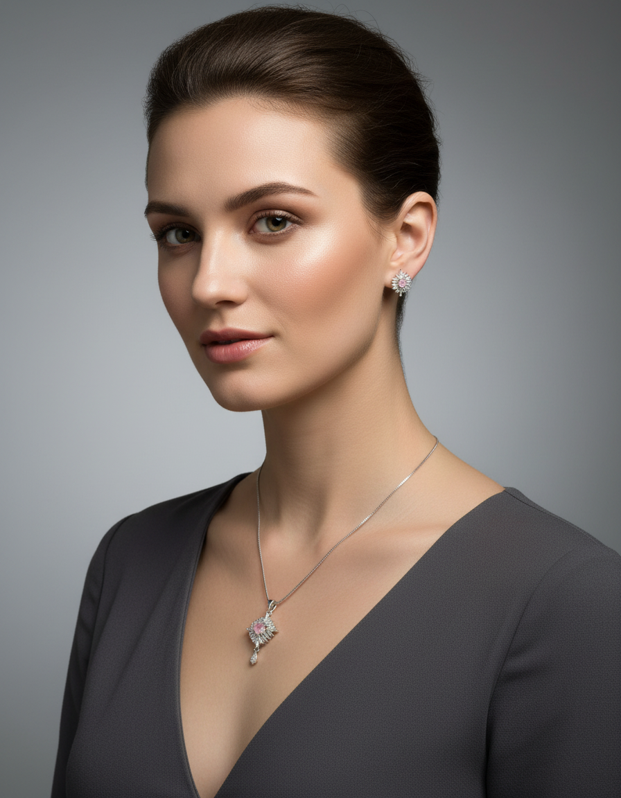 Women’s Silver Tone Floral Pendant Necklace Set