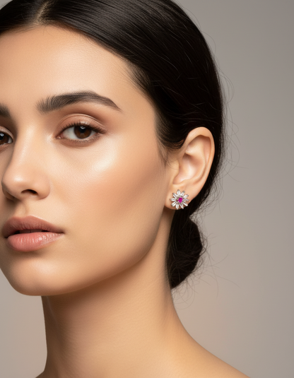 Women's Silver Floral Stud Earrings with Pink Stone
