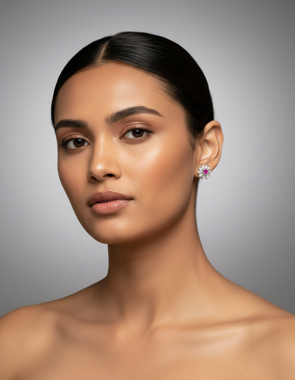 Women's Silver Floral Stud Earrings with Pink Stone