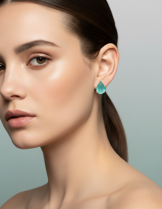 Women's Teardrop Aquamarine Stud Earrings Silver Tone