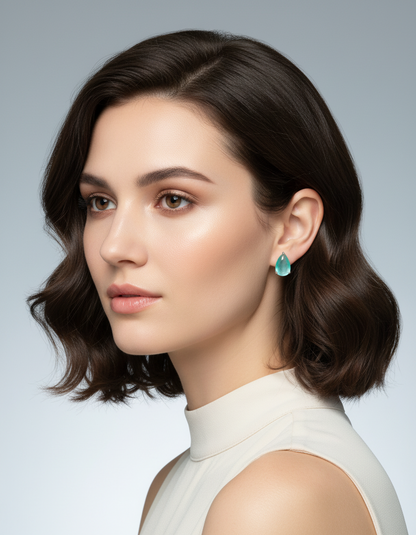 Women's Teardrop Aquamarine Stud Earrings Silver Tone