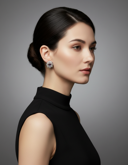 Women's Silver Flower Stud Earrings Clear Stones