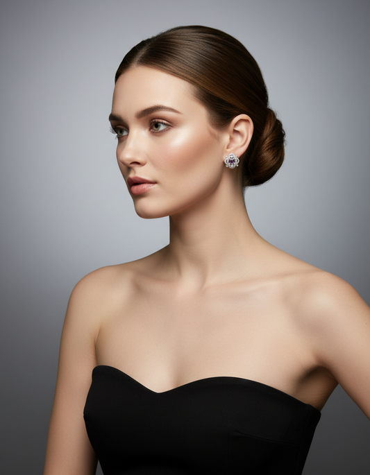 Women's Silver Flower Stud Earrings Clear Stones