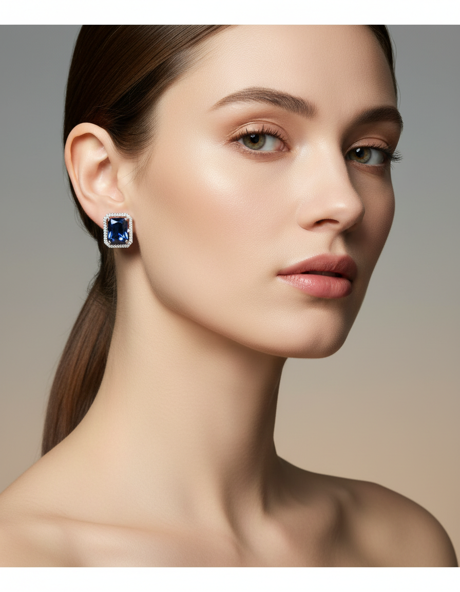 Women's Sapphire Blue Square Stud Earrings Silver