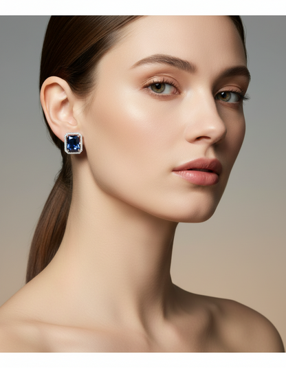 Women's Sapphire Blue Square Stud Earrings Silver
