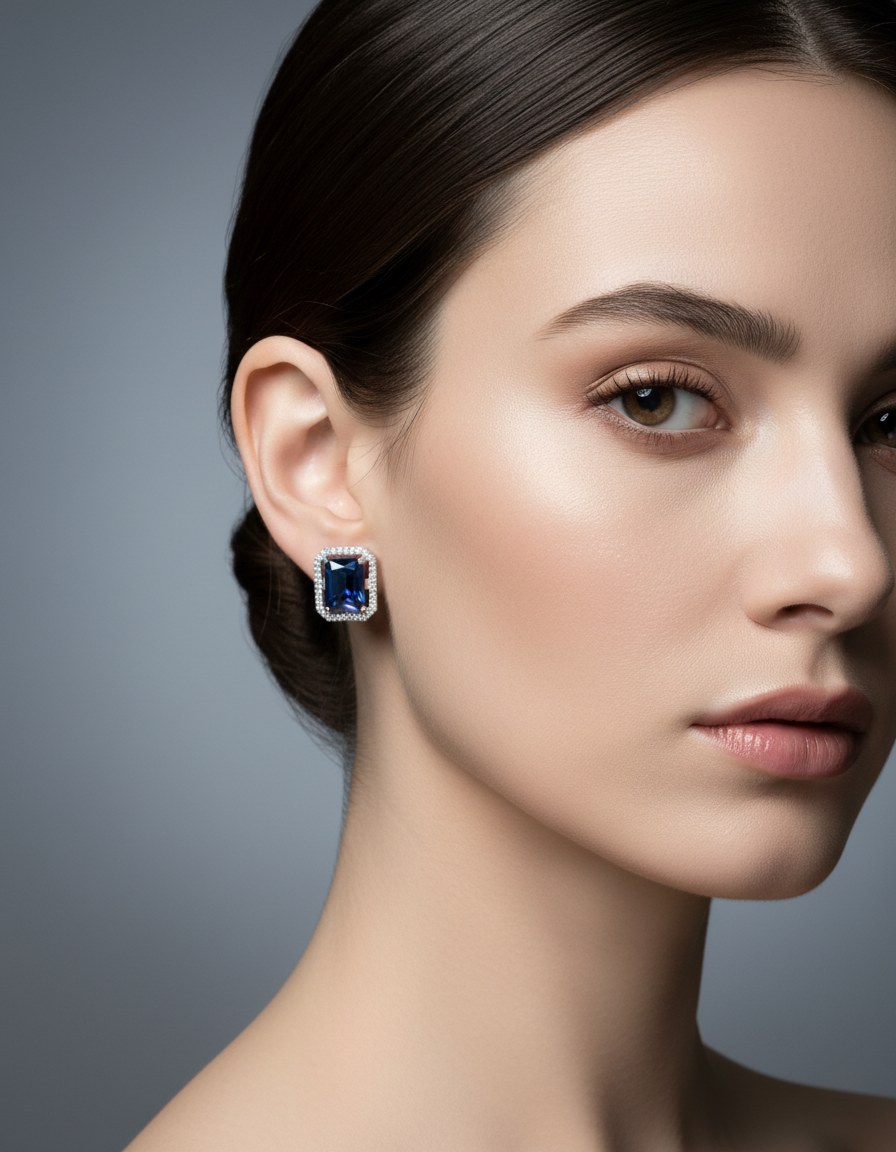 Women's Sapphire Blue Square Stud Earrings Silver