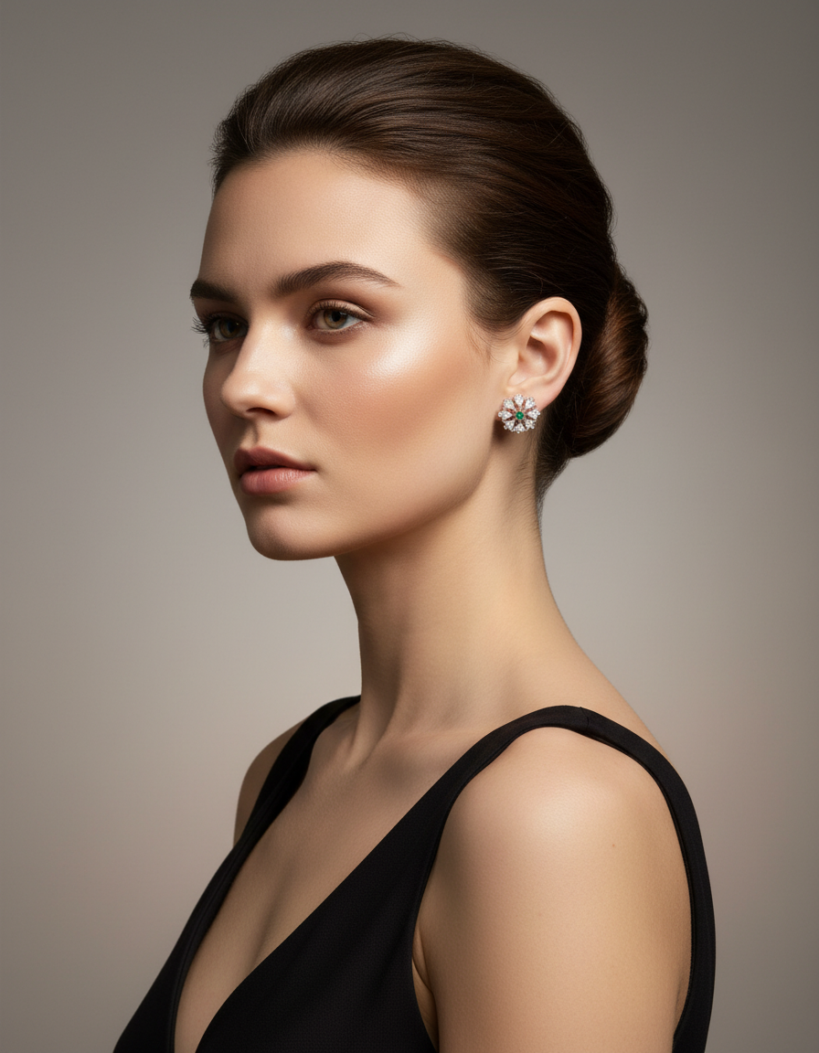 Women's Green Emerald Starburst Stud Earrings Silver