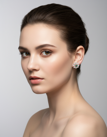 Women's Green Emerald Starburst Stud Earrings Silver