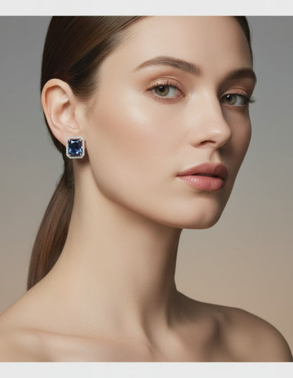 Women's Sapphire Blue Square Stud Earrings Silver