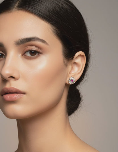 Women's Silver Floral Stud Earrings with Pink Stone