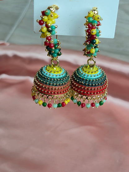 Multicolor Beaded Pastel Jhumka Earrings – Vibrant Festival Dangler Jewelry