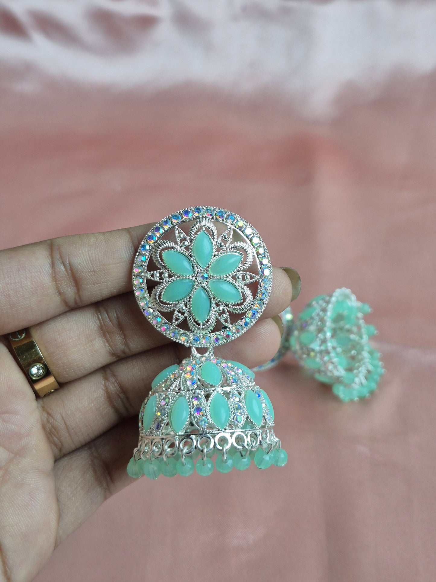 Mint Floral Jhumka Earrings – Stone Studded Statement Jewelry for Ethnic Wear