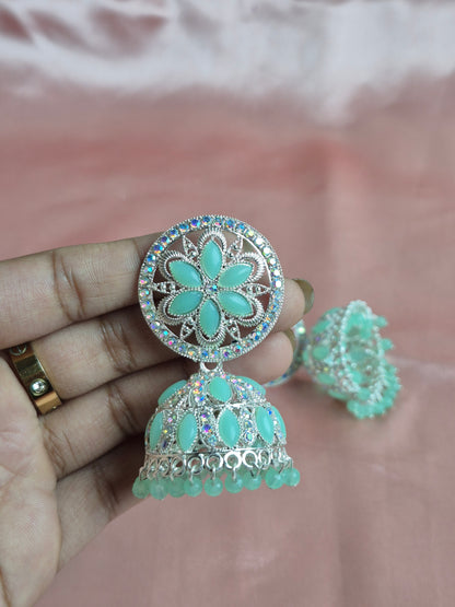 Mint Floral Jhumka Earrings – Stone Studded Statement Jewelry for Ethnic Wear