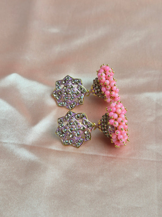 Pink Beaded Floral Jhumka – Modern Geometric Stud with Sparkling Stones