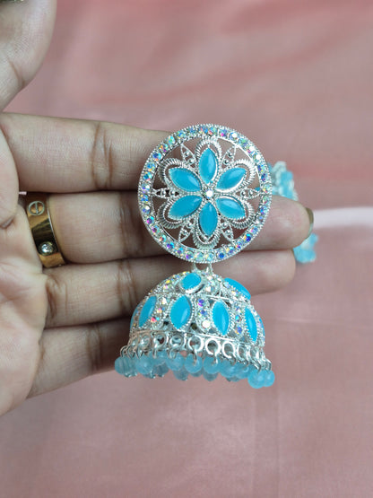 Mint Floral Jhumka Earrings – Stone Studded Statement Jewelry for Ethnic Wear