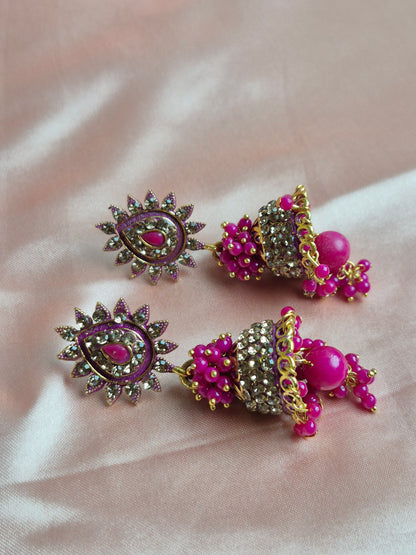 Pink and Gold Stone Jhumka – Floral Sunburst Stud with Traditional Dangler Beads