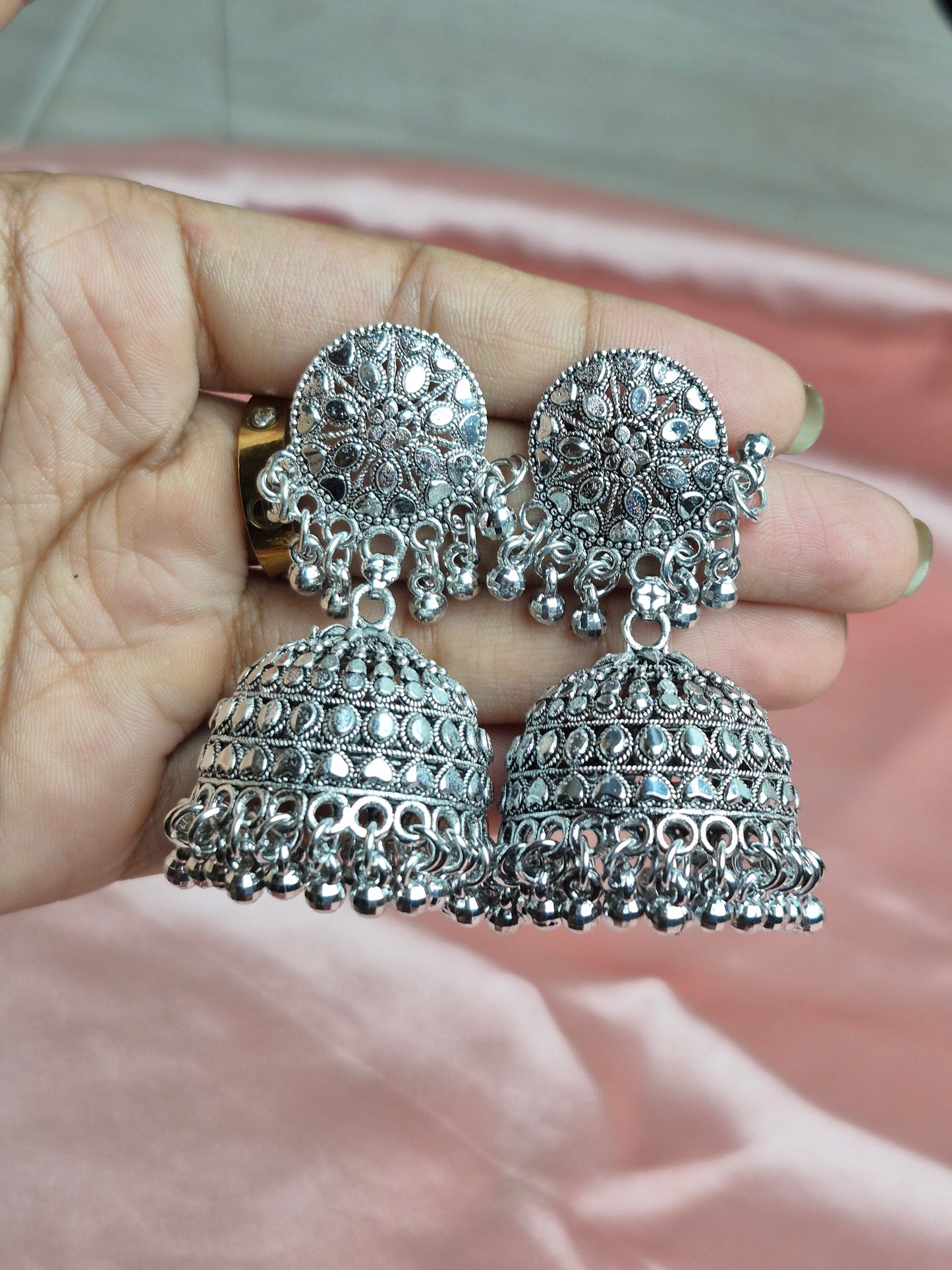 Antique Oxidized Silver Jhumka – Floral Stud with Traditional Dome Design