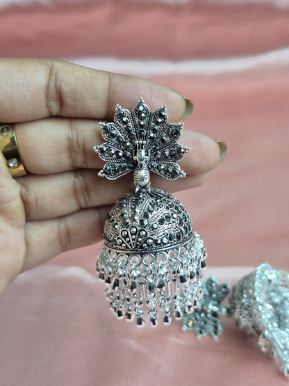 Oxidized Silver Peacock Jhumka – Antique Statement Dangler with Ghungroo