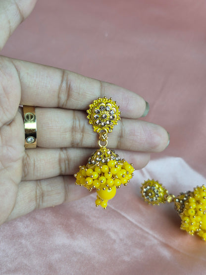 Crystal Stud Jhumka Earrings – Floral Stonework with Beaded Dangler